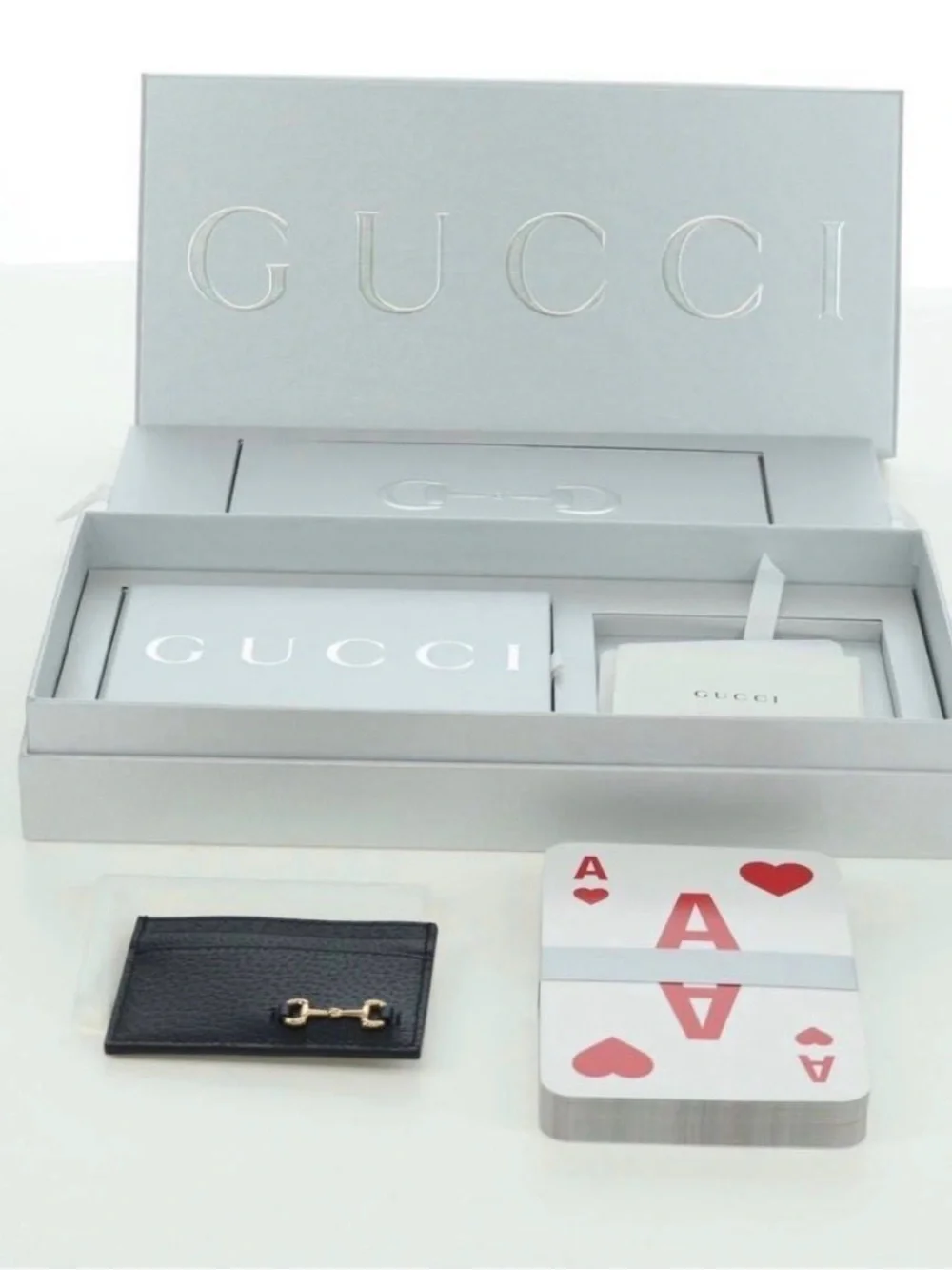 Gucci NIB Horsebit Card Case, Dark Green, Oversized Playing Cards.